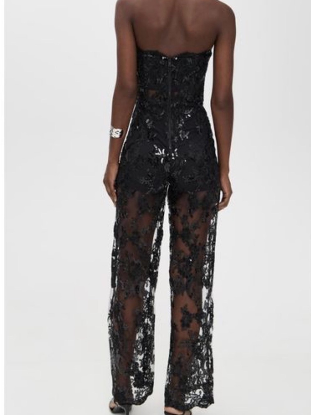 Alice + Olivia Strapless Black Lace Sequin Jumpsuit - Picture 3 of 8